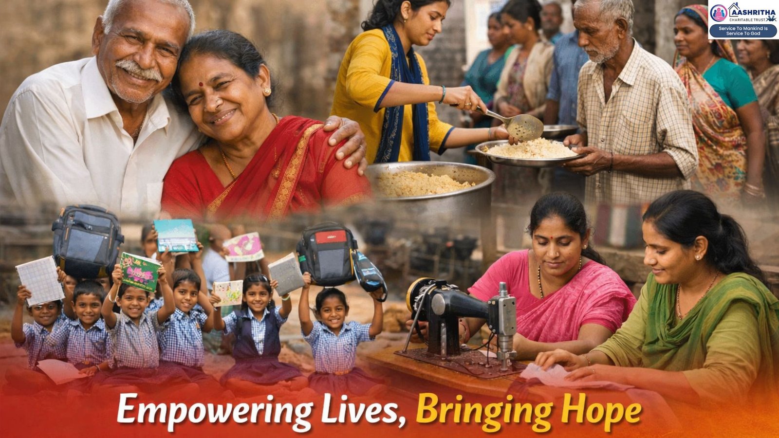 Home 11 Aashritha NGO programs and impact showing senior care, food distribution, education support, and women empowerment initiatives