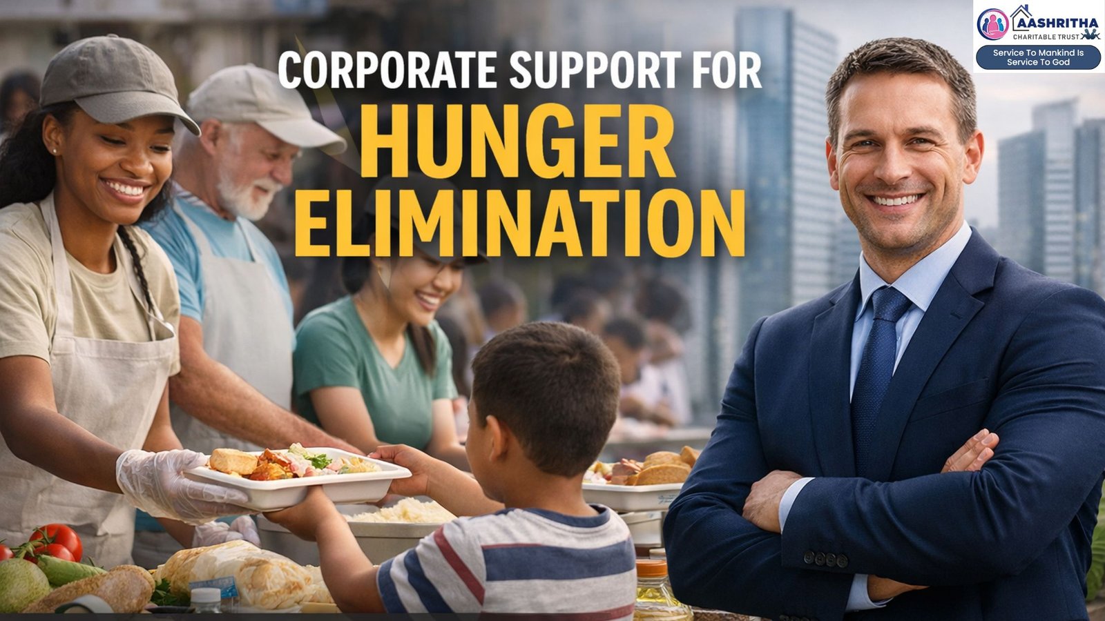 Home 10 Corporate volunteers distributing food to children representing corporate support for hunger elimination initiatives and community impact