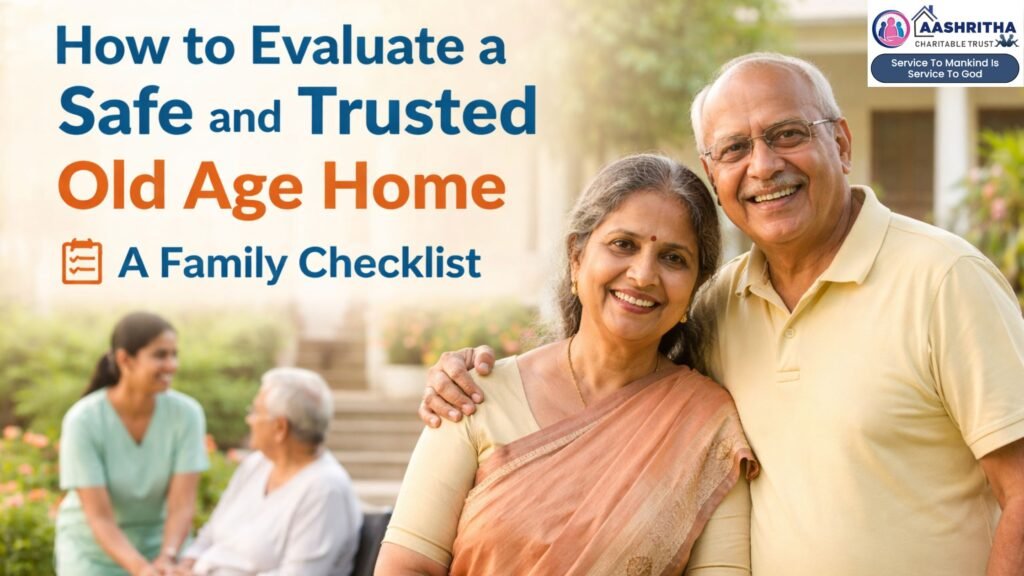 Safe and trusted old age home with elderly couple and caregiver using a family checklist for old age home evaluation