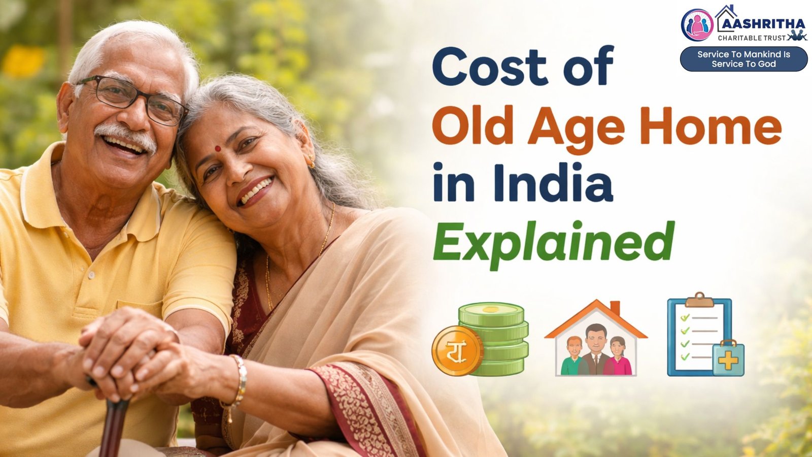 Home 10 Elderly couple smiling in a garden representing cost of old age home in India explained with senior care and living expenses concept