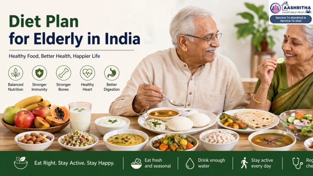 Diet plan for elderly in India showing healthy Indian foods, balanced meals, and senior couple eating nutritious diet for better health