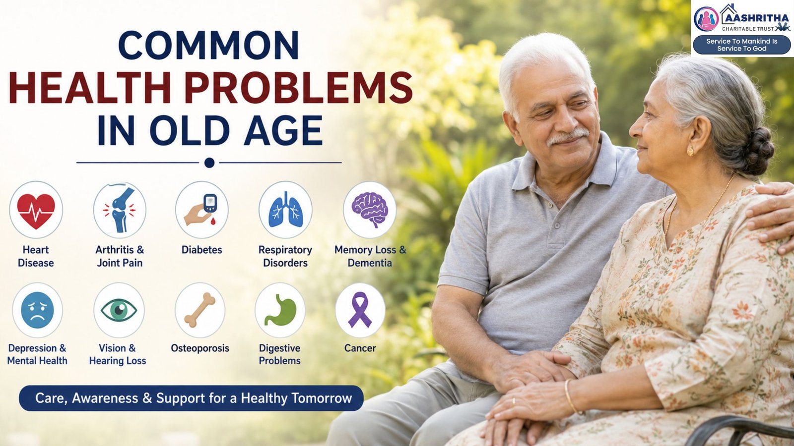 Elderly couple representing senior citizen health awareness with common old age health problems including heart disease, diabetes, arthritis, dementia, osteoporosis, and mental health issues.