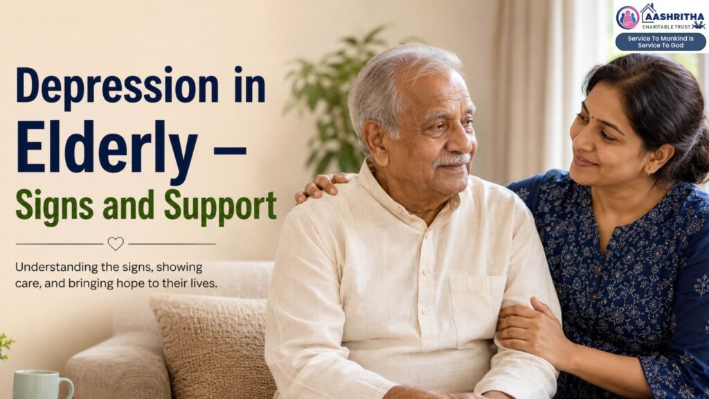 Elderly man receiving emotional support and care from a caregiver at home, representing depression in elderly and senior mental health support.