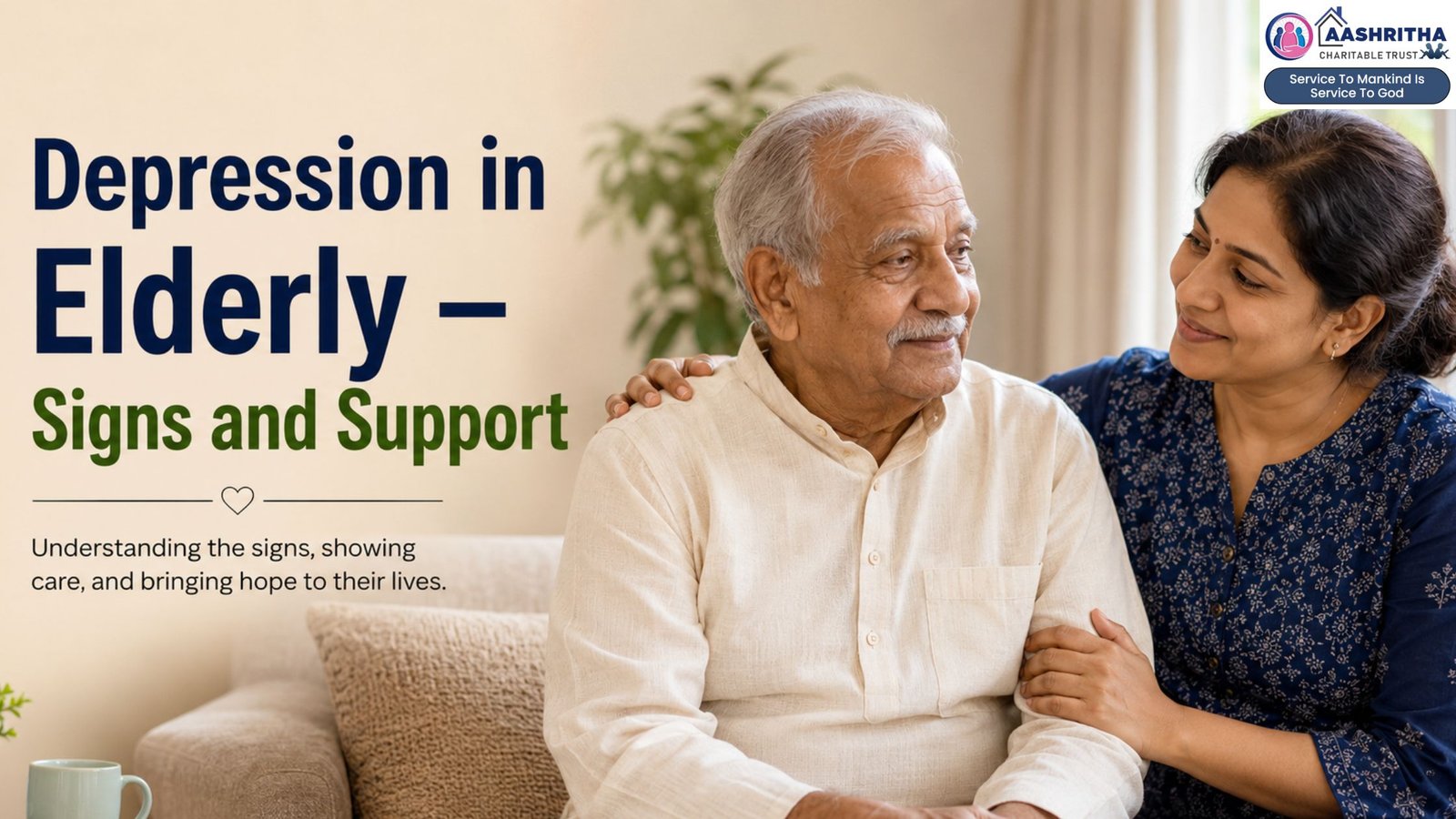 Elderly man receiving emotional support and care from a caregiver at home, representing depression in elderly and senior mental health support.