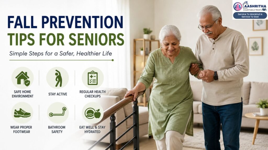 Elderly couple practicing safe movement at home with fall prevention tips for seniors including home safety, exercise, and elderly care support in Vijayawada.
