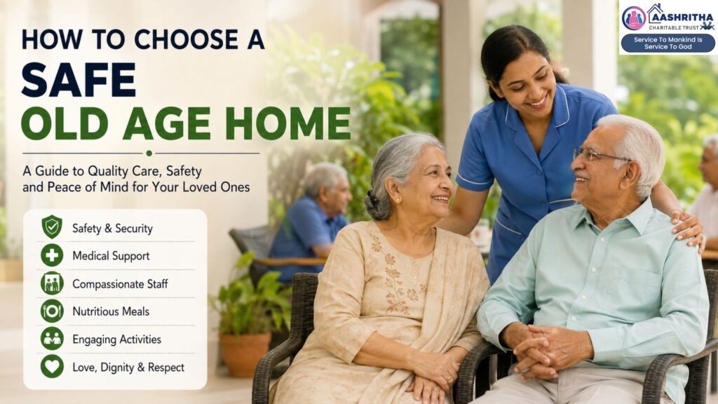Happy senior citizens with a caregiver in a safe old age home in Vijayawada, Andhra Pradesh, highlighting quality care, medical support, and a comfortable living environment.
