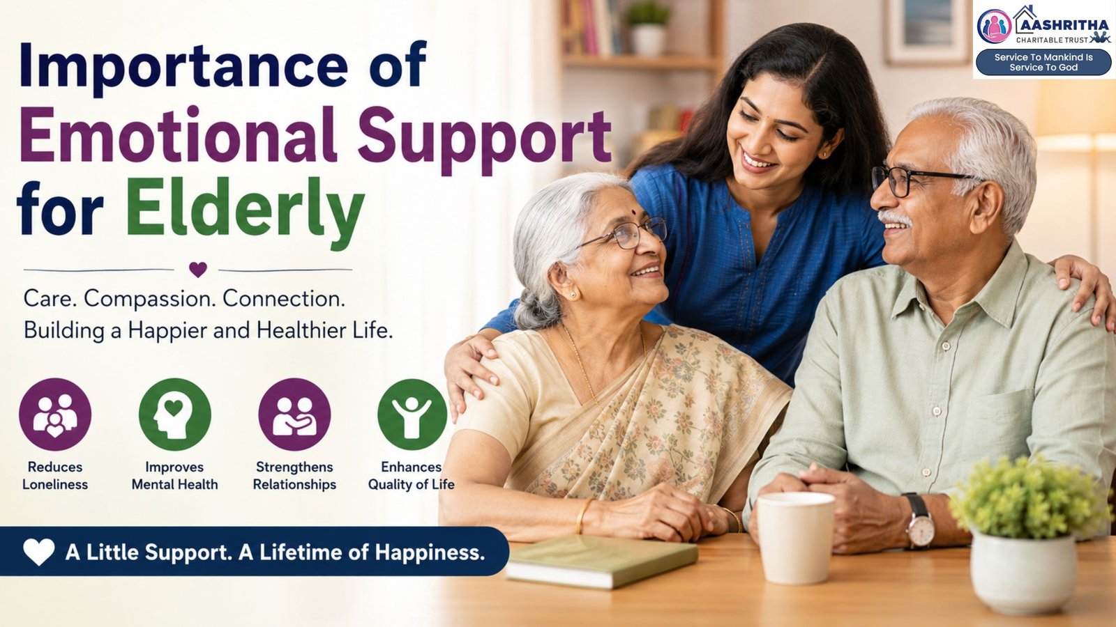 Smiling elderly couple receiving emotional support and companionship from a caring family member, highlighting the importance of emotional support for elderly and senior emotional care in Vijayawada.