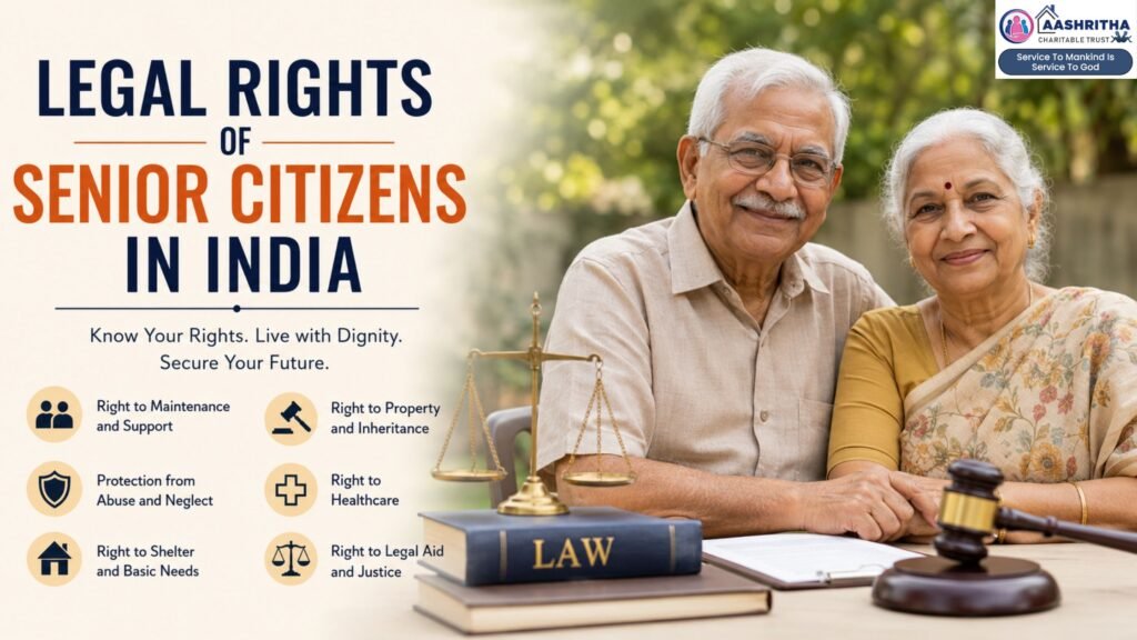 Elderly Indian couple with legal symbols highlighting legal rights of senior citizens in India, including maintenance, healthcare, property protection, and dignity for senior citizens in Vijayawada and Andhra Pradesh.