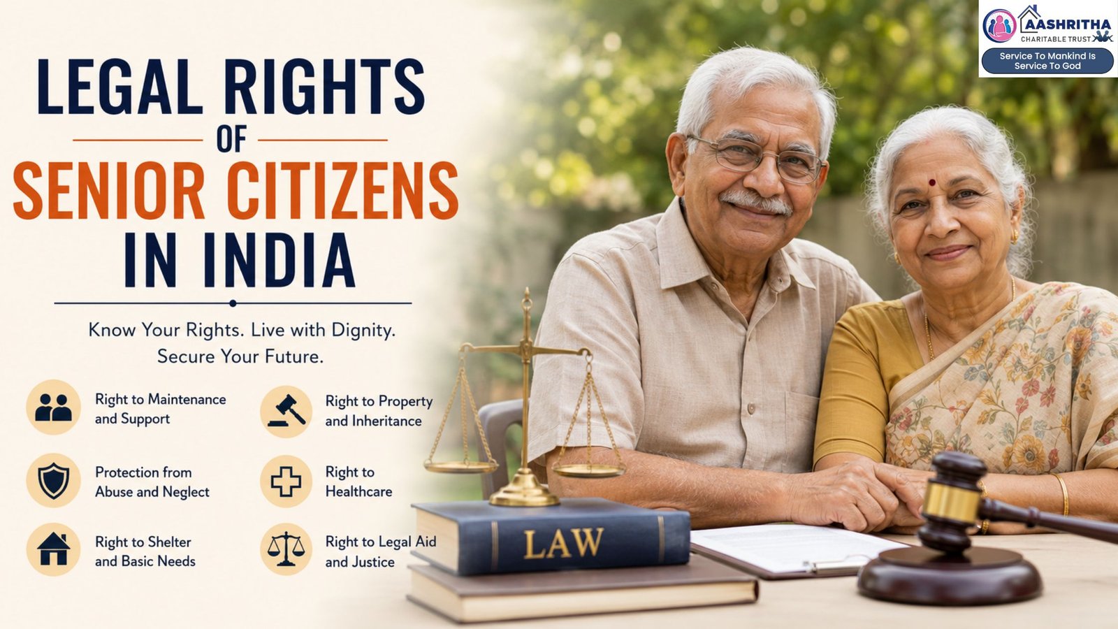 Elderly Indian couple with legal symbols highlighting legal rights of senior citizens in India, including maintenance, healthcare, property protection, and dignity for senior citizens in Vijayawada and Andhra Pradesh.