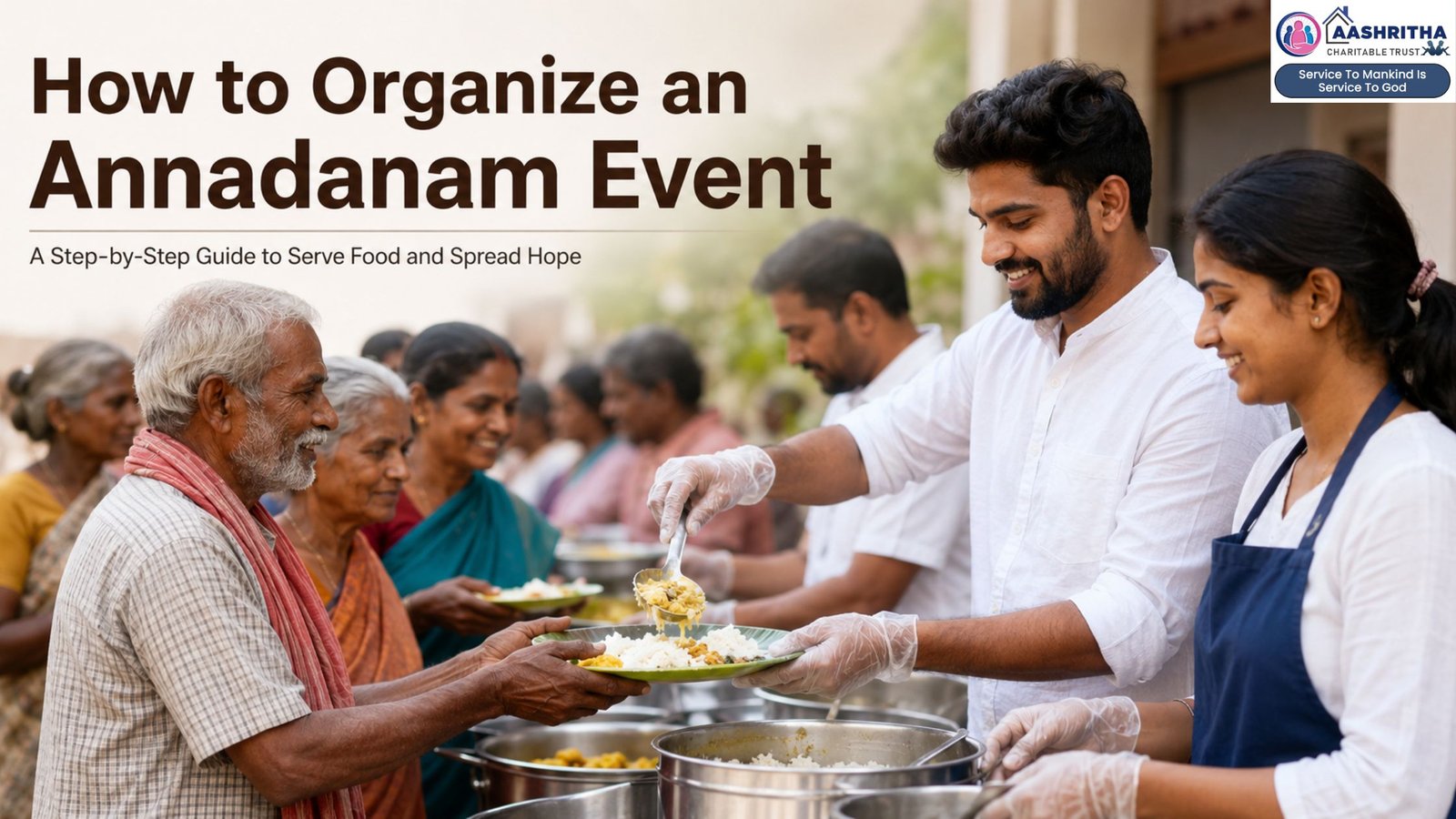 Volunteers serving free meals during an Annadanam event to underprivileged people in Vijayawada, Andhra Pradesh, illustrating how to organize an Annadanam event
