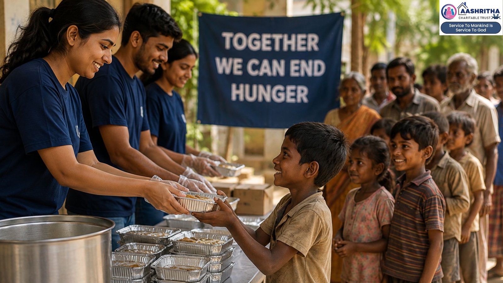 Volunteers serving nutritious meals to underprivileged families as part of CSR activities for hunger elimination in Vijayawada, Andhra Pradesh.