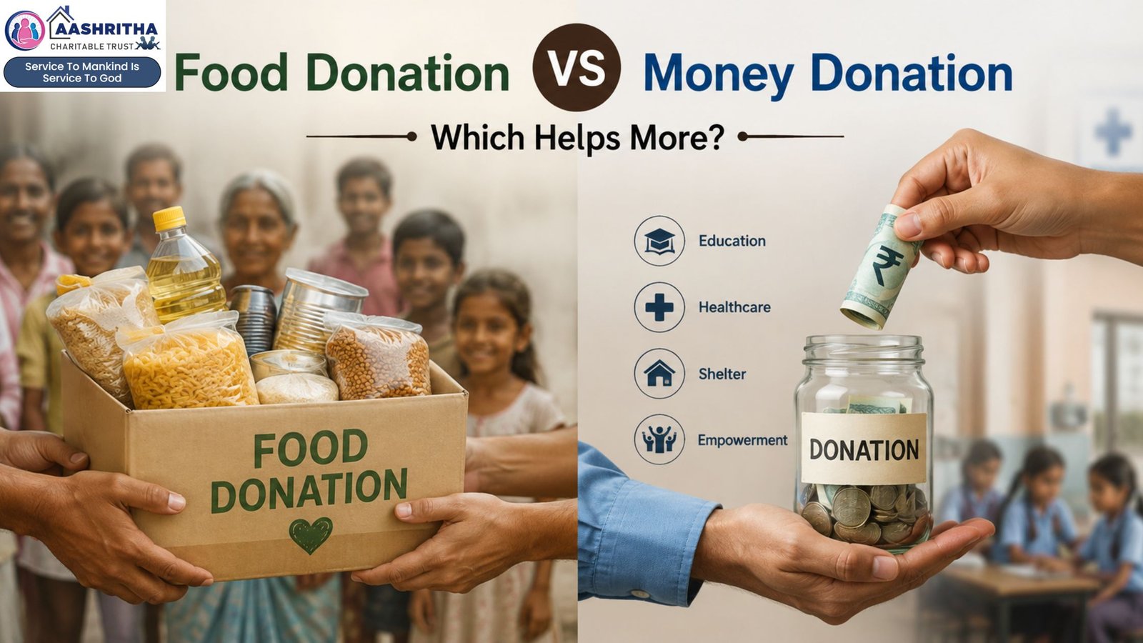 Food donation and money donation comparison showing how both forms of giving help people in need