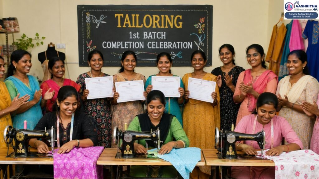 Women celebrating the completion of tailoring training at Aashritha Charitable Trust in Vijayawada