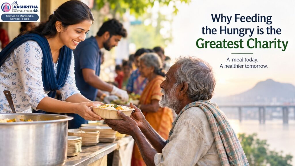 Volunteer providing a meal to an elderly person while feeding the hungry in Vijayawada