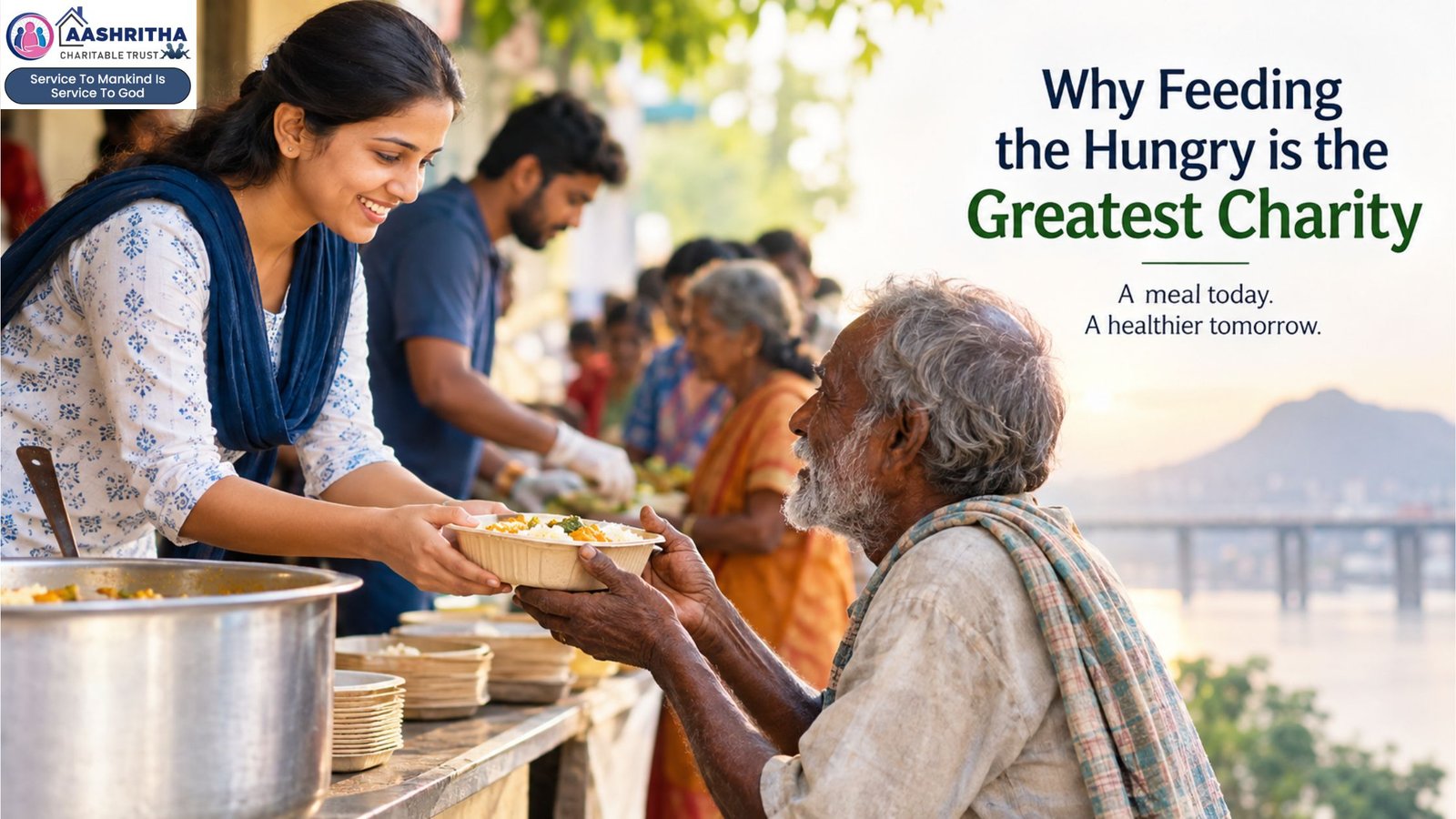 Volunteer providing a meal to an elderly person while feeding the hungry in Vijayawada
